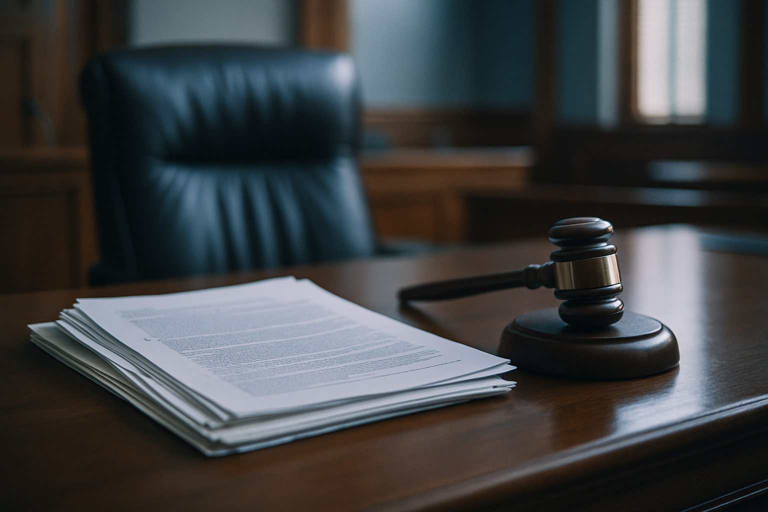 Escena de un tribunal con documentos legales y un mazo en el banco del juez.