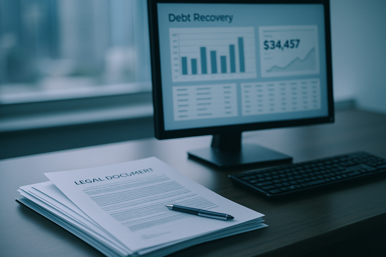 Oficina con documentos legales y datos sobre recobro de deuda.